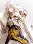  animal_ears artist_request bishounen color_connection cosplay crossover facial_tattoo fox_boy fox_ears hair_color_connection inuyasha japanese_clothes kogitsunemaru long_hair male_focus sesshoumaru sesshoumaru_(cosplay) solo tattoo touken_ranbu very_long_hair white_background white_hair 