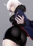  ahoge ass bangs black_dress blue_jacket breasts commentary_request cowboy_shot dress fate/grand_order fate_(series) from_behind fur_trim jacket jeanne_d'arc_(alter)_(fate) jeanne_d'arc_(fate)_(all) long_sleeves looking_at_viewer looking_back machimura_komori md5_mismatch medium_breasts open_clothes open_jacket pale_skin short_dress short_hair solo white_hair wicked_dragon_witch_ver._shinjuku_1999 yellow_eyes 