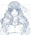  bangs blush breasts cape circlet cleavage double_v dragon_quest dragon_quest_iii elbow_gloves gloves greyscale hanauna hero-chan_(hanauna) highres large_breasts long_hair looking_at_viewer monochrome nipple_cutout nipple_piercing nipple_rings nipples piercing sketch solo sweat translation_request twitter_username v 