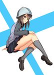  black_skirt blush brown_eyes brown_hair finnish_flag girls_und_panzer hat ikomochi invisible_chair jacket keizoku_military_uniform legs long_hair long_sleeves mika_(girls_und_panzer) military military_uniform pleated_skirt shiny shiny_hair shiny_skin sitting skirt smile socks solo track_jacket uniform 