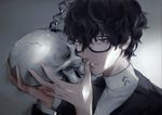  amamiya_ren black_hair curly_hair glasses highres looking_at_viewer male_focus open_mouth persona persona_5 school_uniform shuujin_academy_uniform skull solo 