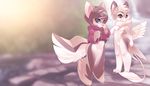  anthro avian blue_eyes bottomless brown_hair canine clothed clothing detailed_background dog duo gryphon hair hoodie looking_at_viewer mammal nude red_eyes rudragon smile 