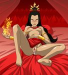  1girl armlet avatar:_the_last_airbender azula barefoot bed black_hair blush bottomless bracelet brown_eyes cum feet fire grin long_hair looking_at_viewer lying pillow pussy soles spread_legs toes topless 