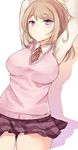  :&lt; akamatsu_kaede arms_up bangs blonde_hair blush breasts chiune_(yachi) closed_mouth cowboy_shot danganronpa eighth_note eyebrows_visible_through_hair hair_ornament hairclip highres large_breasts looking_at_viewer musical_note musical_note_hair_ornament musical_note_print necktie new_danganronpa_v3 purple_eyes purple_skirt quarter_note red_neckwear school_uniform shadow simple_background skirt solo sweater_vest thighs white_background 
