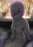  :d bed building buttons cardigan city collared_shirt fate/grand_order fate_(series) glasses hair_over_one_eye indoors long_sleeves looking_at_viewer mash_kyrielight nekobaka night no_pants open_mouth pink_eyes pink_hair shade shirt short_hair signature sitting skyscraper sleeves_past_wrists smile solo underwear window wing_collar 