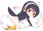  1girl :o ass black_hair blush boots brown_eyes caught chibi crotch_rub dot_nose eyelashes from_behind full_body gentoo_penguin_(kemono_friends) headphones jacket kemono_friends kneeling long_sleeves looking_at_viewer looking_back masturbation masturbation_through_clothing multicolored_hair open_mouth orange_footwear orange_hair panties pillow pillow_hug pillow_sex pink_panties shadow shoelaces simple_background socks solo surprised sweat tail tareme translation_request turtleneck underwear watanon_(gakushokutei) white_background 