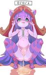  1girl animal_ears blush breasts collarbone double_v eyebrows eyebrows_visible_through_hair female full_body green_eyes hair_between_eyes heart heart-shaped_pupils infraton league_of_legends long_hair looking_at_viewer lulu_(league_of_legends) navel nipples nude open_mouth peeing purple_skin pussy saliva small_breasts solo squatting striped striped_legwear thighhighs v very_long_hair witch_hat yordle 
