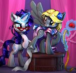  2017 amber_eyes clothed clothing cutie_mark derpy_hooves_(mlp) duo equine eyewear feathered_wings feathers female feral friendship_is_magic glasses grey_feathers harwick horn magic mammal my_little_pony pegasus rarity_(mlp) unicorn wings 