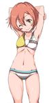  armpits arms_behind_head arms_up ass_visible_through_thighs bangs bikini blush breasts brown_hair closed_mouth clothes_writing collarbone commentary_request eyebrows_visible_through_hair hair_between_eyes hips hoshizora_rin looking_at_viewer love_live! love_live!_school_idol_project mismatched_bikini multicolored multicolored_bikini multicolored_clothes navel one_eye_closed sen_(sen0910) short_hair simple_background small_breasts smile solo striped striped_bikini swimsuit thighs v white_background yellow_eyes 
