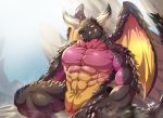  2018 4_fingers animal_genitalia anthro bna_v5 dragon genital_slit hand_on_knee hi_res horn looking_at_viewer male muscular muscular_male nergigante nude orange_eyes outside signature sitting slit smile solo spread_legs spreading vein wings 