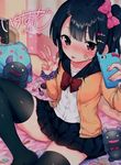  1girl 2017 absurdres bandaid bandaid_on_cheek bandaid_on_face bangs bed bed_sheet black_hair black_legwear black_skirt blush book bow candy cellphone_camera child collarbone curtains dated feet hair_bow hairclip highres holding holding_phone ichihaya indoors jacket long_sleeves looking_at_viewer no_shoes open_clothes open_jacket original phone_case pink_bow pleated_skirt pocky polka_dot polka_dot_bow ponytail red_bow scan shirt sitting sitting_on_bed skirt smartphone solo strawberry_print stuffed_animal thighhighs tongue tongue_out v w white_shirt zettai_ryouiki 