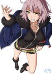  belt blue_jacket fate/grand_order fate_(series) fur_trim highres jacket jeanne_d'arc_(alter)_(fate) jeanne_d'arc_(fate)_(all) jewelry midriff_peek necklace open_clothes open_jacket short_hair short_shorts shorts solo suna wicked_dragon_witch_ver._shinjuku_1999 yellow_eyes 