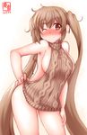  ;) alternate_costume ass_visible_through_thighs blush breasts brown_eyes brown_hair clothes_pull dated highres kanon_(kurogane_knights) kantai_collection large_breasts leaning_forward long_hair looking_at_viewer meme_attire murasame_(kantai_collection) one_eye_closed sideboob sketch smile solo sweater sweater_pull twintails virgin_killer_sweater 