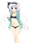  bangs bikini black_bikini black_ribbon blue_eyes blush breasts collarbone hair_ribbon highres jacket konpaku_youmu konpaku_youmu_(ghost) long_sleeves looking_at_viewer maturiuta_sorato navel ribbon silver_hair simple_background small_breasts solo standing swimsuit touhou white_background 