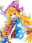  alternate_hairstyle american_flag_dress american_flag_legwear blonde_hair bow clownpiece commentary_request dress fairy_wings grin hair_bow hat highres jester_cap long_hair looking_at_viewer neck_ruff nikorashi-ka pantyhose pointy_ears polka_dot purple_eyes short_dress short_sleeves simple_background sitting slit_pupils smile solo star star_print striped teeth touhou twintails v_arms very_long_hair white_background wings 