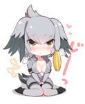  :&lt; belt between_legs bird_tail black_footwear blush body_blush bodystocking boots breast_pocket breasts buckle chibi cleavage closed_mouth collarbone collared_shirt dot_nose eyebrows_visible_through_hair eyelashes full_body grey_eyes grey_hair grey_shirt grey_shorts hand_between_legs head_wings kemono_friends large_breasts long_hair looking_at_viewer multicolored_hair open_clothes open_shirt orange_hair pantyhose pocket ponytail shadow shirt shoebill_(kemono_friends) short_sleeves shorts side_ponytail simple_background sitting solo sweat tail translation_request tsurime two-tone_hair v-shaped_eyebrows wariza watanon_(gakushokutei) white_background wings 