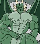  2017 abs anthro balls biceps dragon green_penis green_scales hand_on_penis horn looking_at_viewer male muscular muscular_male navel nipples nude pecs penis ripped-saurian scales scalie sekk&#039;ral smile solo vein wings 