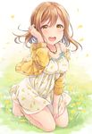  :d between_legs brown_eyes brown_hair cardigan cat_pendant collarbone dress dress_tug floral_print full_body glass hair_tucking hand_between_legs jewelry kunikida_hanamaru looking_at_viewer love_live! love_live!_sunshine!! meadow off_shoulder on_grass on_ground open_mouth pendant petals sakou_mochi sitting smile solo sundress wind 