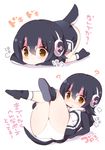  :&lt; :o ? all_fours ass black_footwear black_hair blush boots brown_eyes chibi eyebrows_visible_through_hair eyelashes full_body hair_between_eyes headphones hood hooded_jacket humboldt_penguin_(kemono_friends) jacket kemono_friends legs_up long_sleeves lying multicolored_hair open_mouth panties pantyshot pantyshot_(lying) shadow shoe_soles shoelaces short_hair socks sweat tail tareme thighs translation_request tube_socks underwear watanon_(gakushokutei) white_background white_panties zipper 