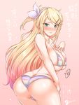  2016 ass blonde_hair blue_eyes blush bow bra breasts cleavage collarbone commentary dated eyelashes future_style_(module) hair_bow kagamine_rin large_breasts long_hair looking_at_viewer older panties pink_background shiny shiny_skin skindentation solo speech_bubble sweat sweatdrop text_focus thighs tight translation_request trefoil underboob underwear underwear_only vocaloid yuzuriha_p 