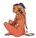  alien bionic_arm breasts ear_piercing female furlana hair looking_at_viewer nude piercing sitting sketch solo 