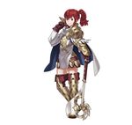  absurdres anna_(fire_emblem) armor axe bangs belt boots cape fire_emblem fire_emblem_heroes full_body gloves highres kozaki_yuusuke looking_at_viewer official_art ponytail red_eyes red_hair simple_background skirt smile solo standing thigh_boots thighhighs weapon white_background white_cape zettai_ryouiki 