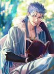  bespectacled blue_hair book cape cu_chulainn_(fate/grand_order) fate/grand_order fate_(series) fingerless_gloves glasses gloves lancer long_hair looking_at_viewer male_focus open_mouth red_eyes smile solo suda_ayaka 