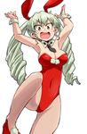  alternate_costume anchovy animal_ears aono3 arms_up ascot bad_anatomy bangs breasts bunny_ears bunnysuit cleavage cowboy_shot detached_collar drill_hair fake_animal_ears fishnet_pantyhose fishnets girls_und_panzer green_hair highres leg_up leotard long_hair looking_at_viewer medium_breasts open_mouth pantyhose red_eyes red_footwear red_leotard shoes simple_background smile solo standing standing_on_one_leg strapless strapless_leotard twin_drills twintails white_background wrist_cuffs 