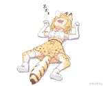  animal_ears bare_shoulders between_legs blonde_hair blush boots bow bowtie commentary_request elbow_gloves gloves kemono_friends lying on_back open_mouth ribbon serval_(kemono_friends) serval_ears serval_print serval_tail short_hair simple_background skirt sleeping sleeveless solo spread_legs tail tail_between_legs umiroku white_background zzz 