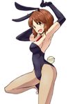  alternate_costume animal_ears aono3 arms_up ascot bangs black_footwear black_gloves black_leotard breasts brown_eyes brown_hair bunny_ears bunny_tail bunnysuit cowboy_shot detached_collar elbow_gloves fake_animal_ears fake_tail fishnet_pantyhose fishnets from_side girls_und_panzer gloves highres leg_up leotard looking_at_viewer medium_breasts nishizumi_miho open_mouth pantyhose shoes short_hair sideboob simple_background smile solo standing standing_on_one_leg strapless strapless_leotard tail white_background 