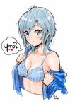  2017 absurdres ahoge anastasia_(idolmaster) bare_shoulders blue_bra blue_eyes blue_hair bra breasts collarbone dated denim eyebrows_visible_through_hair highres idolmaster idolmaster_cinderella_girls jacket jeans looking_at_viewer medium_breasts off_shoulder open_clothes open_jacket pants russian shiny shiny_hair short_hair sketch solo speech_bubble takuji_yuusaku underwear undressing upper_body 