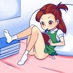 1girl artist_name bed blush book brown_eyes brown_hair digimon digimon_tamers dress female katou_juri long_hair mouth_hold no_panties one_side_up pussy reading reclining ryuhi solo uncensored 