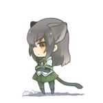  :| animal_ears black_hair blue_shirt bodystocking brown_eyes cat_ears cat_tail chibi closed_mouth collared_shirt crossed_arms eyebrows_visible_through_hair from_side full_body green_ribbon green_skirt jaguarundi_(kemono_friends) kemono_friends long_hair looking_at_viewer lowres maora_oto neck_ribbon pantyhose pleated_skirt profile ribbon shadow shirt short_sleeves sidelocks signature simple_background skirt solo standing tail tsurime v-shaped_eyebrows white_background 