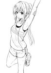  armpits arms_up attsun_(atsushi_jb) bangs blush breasts collarbone earbuds earphones greyscale gym_shorts highres leg_up lineart long_hair looking_at_viewer medium_breasts monochrome open_mouth original ponytail shoes shorts sneakers solo standing standing_on_one_leg stretch sweat tank_top 