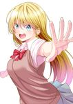  :d attsun_(atsushi_jb) bangs blonde_hair blue_eyes blue_skirt blush breasts collared_shirt foreshortening hair_between_eyes large_breasts long_hair looking_at_viewer open_mouth original outstretched_arm school_uniform shirt short_sleeves simple_background skirt smile solo sweater_vest teeth upper_body v-shaped_eyebrows white_background white_shirt wing_collar 