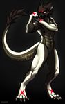  2014 anthro black_fur black_skin canine claws digitigrade dragon falvie featureless_crotch fur green_eyes hybrid male mammal nude red_fur simple_background solo standing white_fur white_skin wolf 