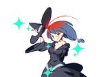  bare_shoulders belt blue_hair breasts cleavage dress glasses hat large_breasts little_witch_academia long_hair multicolored_hair ponytail red_eyes red_hair shiny_chariot smile solo spoilers two-tone_hair ultrastar ursula_charistes witch witch_hat 