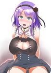  :d bangs bare_arms bare_shoulders bell bell_choker black_flower black_panties black_rose blue_eyes breasts cat_cutout cat_lingerie choker cleavage cleavage_cutout commentary_request dagashi_kashi flower hair_flower hair_ornament hairband high-waist_skirt highres jingle_bell large_breasts looking_at_viewer meme_attire neck_ribbon no_legwear open_clothes open_mouth open_shirt panties pantyshot pantyshot_(sitting) purple_hair red_ribbon ribbon ringed_eyes rose shidare_hotaru shirt sidelocks sitting skirt smile solo underwear virgin_killer_outfit yukimaro_yukkii 