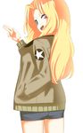  american_flag_shirt blonde_hair blue_shorts brown_jacket cowboy_shot denim denim_shorts facepaint flag_print girls_und_panzer hand_in_pocket highres jacket kay_(girls_und_panzer) long_hair long_sleeves looking_at_viewer looking_back military military_uniform one_eye_closed open_clothes open_jacket open_mouth poligon_(046) salute short_shorts shorts simple_background smile solo standing star two-finger_salute uniform white_background 