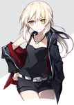  :&lt; artoria_pendragon_(all) bangs bare_shoulders belt black_blouse black_ribbon black_shorts blonde_hair blouse breasts casual cleavage closed_mouth collarbone commentary_request cross cross_necklace fate/grand_order fate_(series) grey_background hair_between_eyes hair_ribbon hand_on_hip hands_in_pockets hood hoodie jewelry long_sleeves looking_at_viewer low_ponytail necklace open_clothes open_hoodie pale_skin parted_lips ponytail ribbon saber_alter short_shorts shorts sidelocks simple_background small_breasts solo standing thighs tsuedzu yellow_eyes 