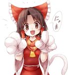  :d benikurage bow brown_eyes brown_hair cat_paws cat_tail cookie_(touhou) dress fang hair_bow hair_ribbon hair_tubes hakurei_reimu open_mouth paws red_dress red_ribbon ribbon riri_eru smile solo speech_bubble tail touhou white_background wide_sleeves 