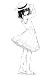  attsun_(atsushi_jb) bangs blush dress from_side full_body greyscale hair_between_eyes hat highres looking_at_viewer looking_back monochrome original parted_lips simple_background slippers solo standing sun_hat sundress white_background 