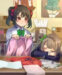  bangs beniko08 black_hair blush bow bowtie box cardigan closed_eyes cloth collared_shirt commentary_request drawing eraser green_bow green_neckwear grey_hair hair_bow highres holding_clothes long_sleeves looking_at_another love_live! love_live!_school_idol_project minami_kotori multiple_girls one_side_up otonokizaka_school_uniform pencil poster_(object) red_bow red_eyes ribbon ruler school_uniform shirt sleeping smile striped striped_bow striped_neckwear table tape_measure twintails white_shirt yazawa_nico 