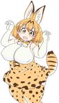  :d animal_ears blonde_hair blush blush_stickers bow bowtie breasts commentary_request corset covered_nipples dress elbow_gloves extra_ears fat fat_folds gloves head_tilt kemono_friends large_breasts looking_at_viewer multicolored_hair open_mouth paw_pose plump serval_(kemono_friends) serval_ears serval_tail short_hair sideboob smile solo spots spotted_skirt streaked_hair striped tail thick_thighs thighhighs thighs una_(13988ss) yellow_eyes zettai_ryouiki 