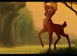  bambi_(film) black_bars black_nose cervine day deer detailed_background disney forest grass green_eyes hooves kitchiki mammal open_mouth outside ronno smile standing tree 