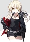  artoria_pendragon_(all) bare_shoulders belt blonde_hair contemporary duplicate fate/grand_order fate_(series) hand_on_hip jacket saber_alter short_shorts shorts solo tsuedzu yellow_eyes 