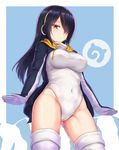  black_hair breasts brown_eyes cai_geng cameltoe covered_navel covered_nipples emperor_penguin_(kemono_friends) hair_over_one_eye headphones highres hood hoodie japari_symbol kemono_friends large_breasts leotard long_hair looking_at_viewer multicolored_hair open_clothes outstretched_wrists solo thighhighs white_legwear white_leotard 