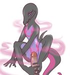  2017 4_fingers 4_toes anthro duo erection feet female foot_fetish footjob lizard looking_at_viewer male male/female nintendo nude penis pheromones pok&eacute;mon reptile salazzle scalie simple_background smile toes unknown_artist video_games white_background 