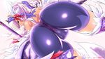  ass ass_focus bare_shoulders bent_over bike_shorts blue_eyes cameltoe emilia_(sennen_sensou_aigis) geroika highres long_hair looking_at_viewer looking_back parted_lips pink_hair sennen_sensou_aigis solo thighs 