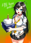  black_hair blue_eyes blush breasts cake candle choker cleavage closers cream cream_on_face food food_on_face highres large_breasts long_hair ndgd necktie open_mouth signature smile solo yuri_seo 